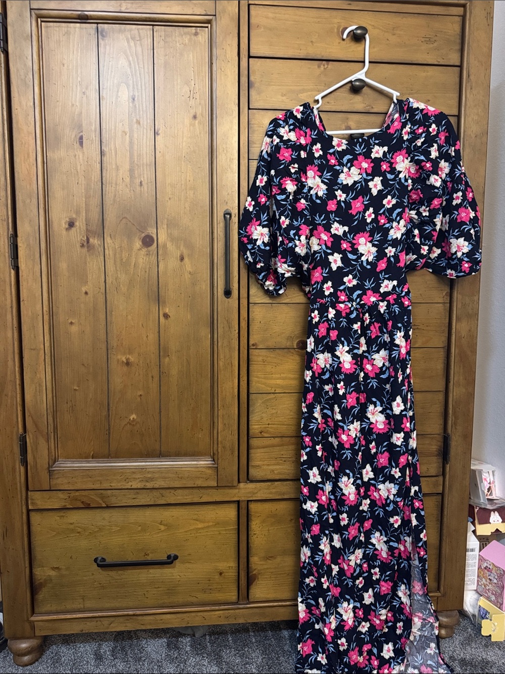 Floral Navy Maxi Dress with Pink & White Blooms